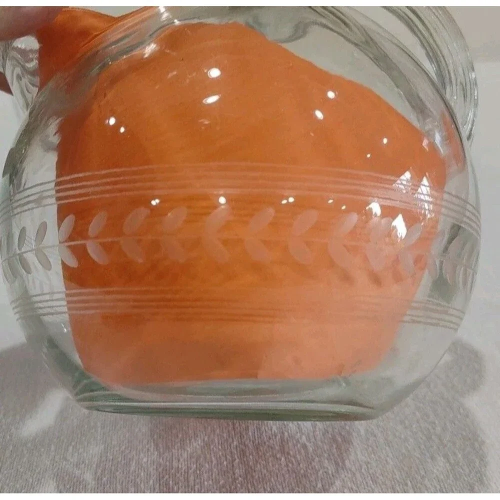 Vintage Tilted Clear Water Pitcher Etched Leaves Ring & Ice Lip & 4 Glasses